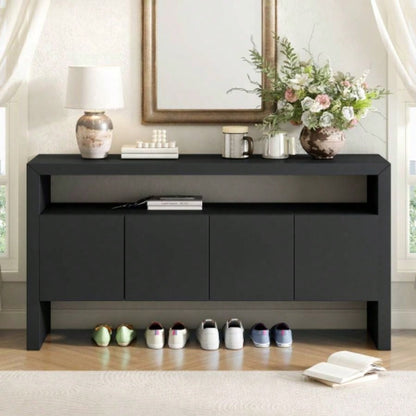 UStyle 60 4 - Door Sideboard, Modern Minimalist Solid Wood Veneer Sideboard with Open Shelf, Natural Wood Grain, Large Capacity Storage Console Living Room, Hallway, Dining Black/Natural
