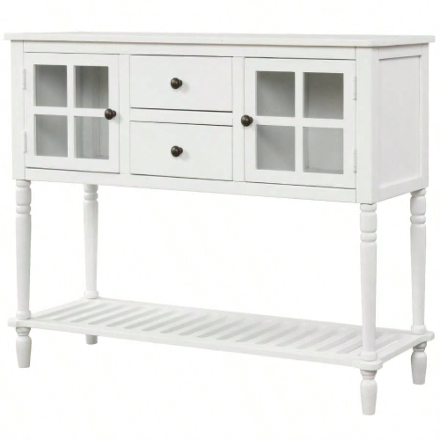 TREXM Sideboard Console Table with Bottom Shelf, Farmhouse Wood/Glass Buffet Storage Cabinet Living Room White