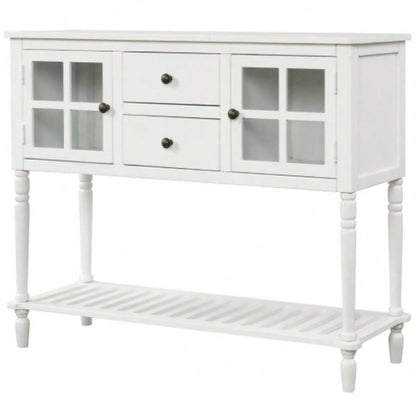 TREXM Sideboard Console Table with Bottom Shelf, Farmhouse Wood/Glass Buffet Storage Cabinet Living Room White
