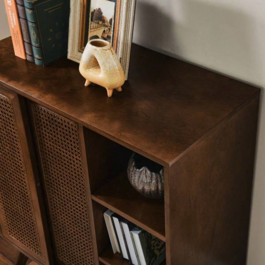 Mid Modern Rattan Sideboard Cabinet, Buffet Cabinet Entryway Hallway Living Room Kitchen Dining Room, Adjustable Shelf Solid Wood Feet Rattan Cabinet Doors - Dark Wood