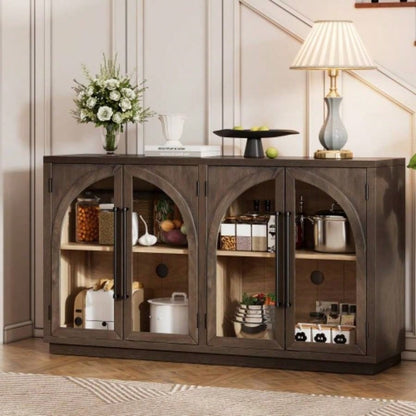 TREXM 4 - Door Large Storage Sideboard Buffet Cabinet with Glass Doors, Arched Cabinet with Adjustable Shelves Kitchen, Dining Room and Living Room Espresso