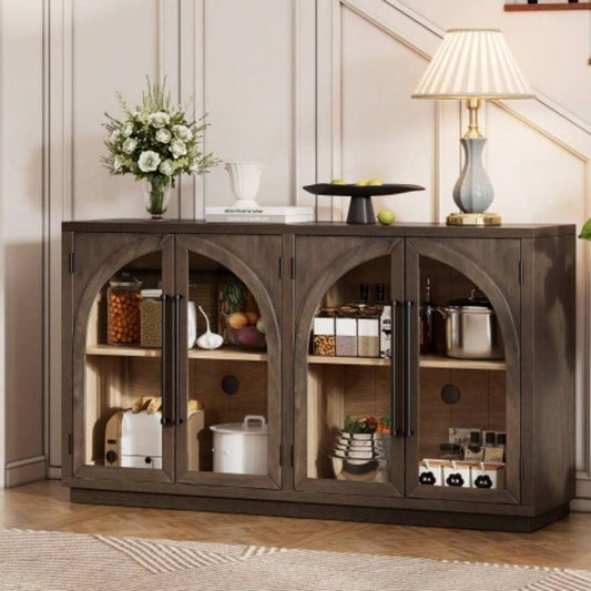 TREXM 4 - Door Large Storage Sideboard Buffet Cabinet with Glass Doors, Arched Cabinet with Adjustable Shelves Kitchen, Dining Room and Living Room Espresso