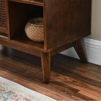 Mid Modern Rattan Sideboard Cabinet, Buffet Cabinet Entryway Hallway Living Room Kitchen Dining Room, Adjustable Shelf Solid Wood Feet Rattan Cabinet Doors - Dark Wood