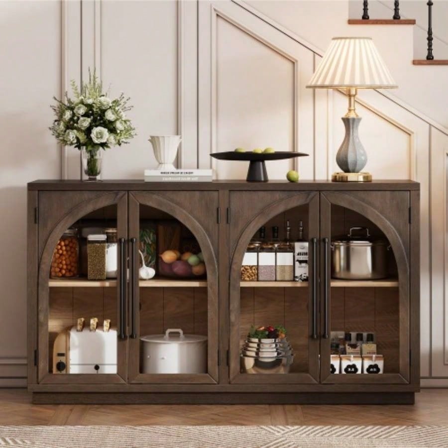TREXM 4 - Door Large Storage Sideboard Buffet Cabinet with Glass Doors, Arched Cabinet with Adjustable Shelves Kitchen, Dining Room and Living Room Espresso