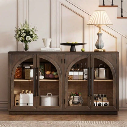 TREXM 4 - Door Large Storage Sideboard Buffet Cabinet with Glass Doors, Arched Cabinet with Adjustable Shelves Kitchen, Dining Room and Living Room Espresso