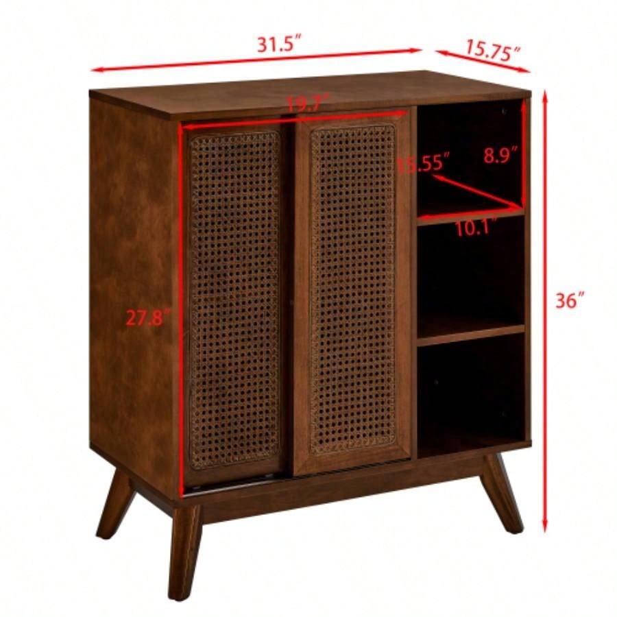 Mid Modern Rattan Sideboard Cabinet, Buffet Cabinet Entryway Hallway Living Room Kitchen Dining Room, Adjustable Shelf Solid Wood Feet Rattan Cabinet Doors - Dark Wood