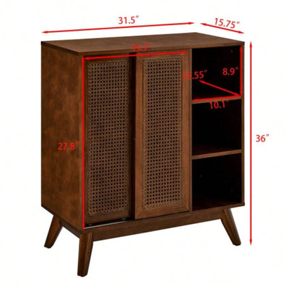 Mid Modern Rattan Sideboard Cabinet, Buffet Cabinet Entryway Hallway Living Room Kitchen Dining Room, Adjustable Shelf Solid Wood Feet Rattan Cabinet Doors - Dark Wood