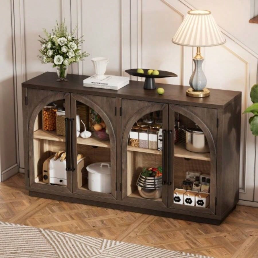 TREXM 4 - Door Large Storage Sideboard Buffet Cabinet with Glass Doors, Arched Cabinet with Adjustable Shelves Kitchen, Dining Room and Living Room Espresso