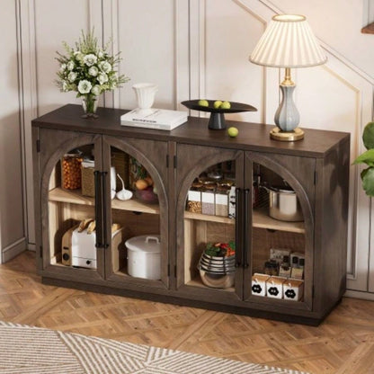 TREXM 4 - Door Large Storage Sideboard Buffet Cabinet with Glass Doors, Arched Cabinet with Adjustable Shelves Kitchen, Dining Room and Living Room Espresso