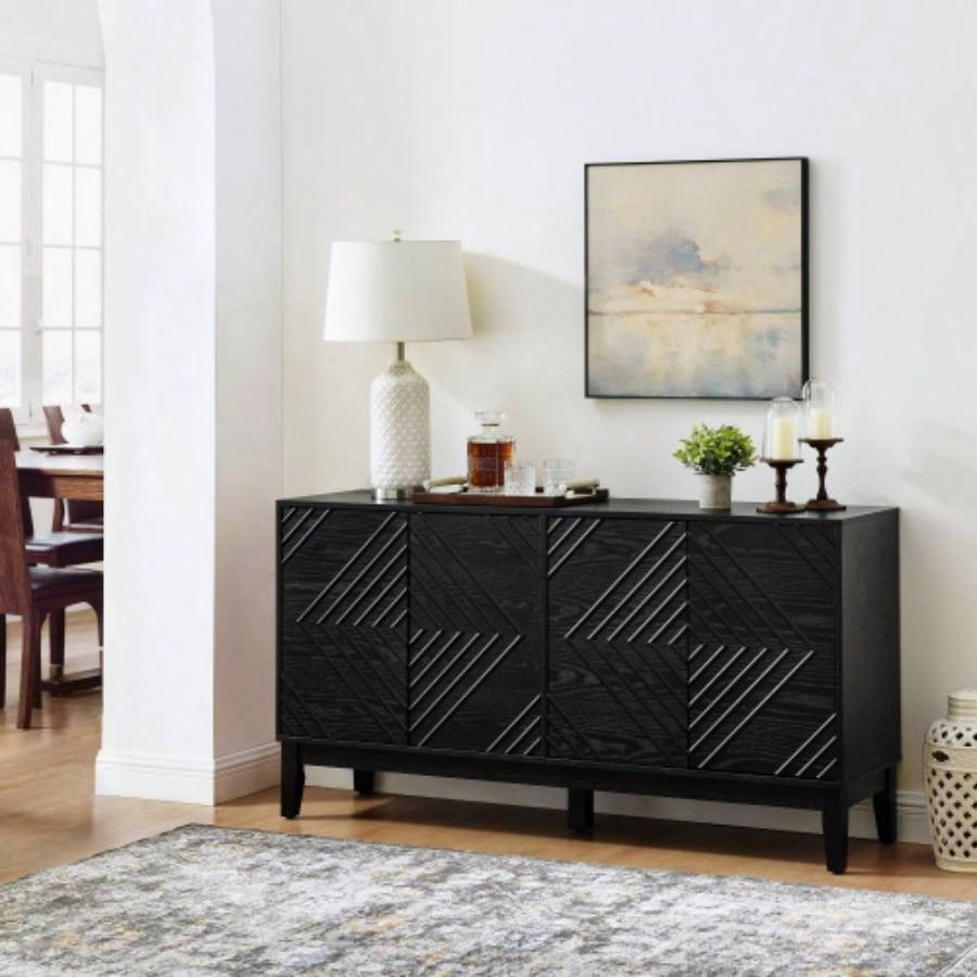 60.5 Buffet Cabinet with Storage, Farmhouse Fluted Sideboard with Geometric Pattern Adjustable Shelves, Mid Modern TV Stand Living Room Kitchen Dining Room Entryway, Black