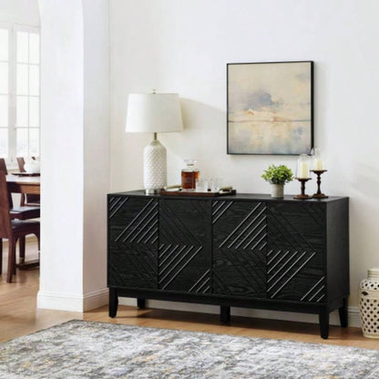 60.5 Buffet Cabinet with Storage, Farmhouse Fluted Sideboard with Geometric Pattern Adjustable Shelves, Mid Modern TV Stand Living Room Kitchen Dining Room Entryway, Black