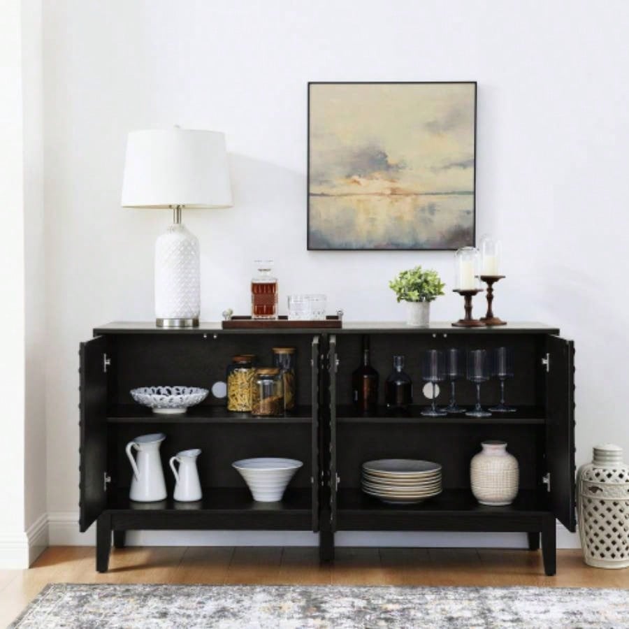 60.5 Buffet Cabinet with Storage, Farmhouse Fluted Sideboard with Geometric Pattern Adjustable Shelves, Mid Modern TV Stand Living Room Kitchen Dining Room Entryway, Black