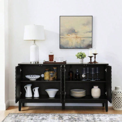 60.5 Buffet Cabinet with Storage, Farmhouse Fluted Sideboard with Geometric Pattern Adjustable Shelves, Mid Modern TV Stand Living Room Kitchen Dining Room Entryway, Black