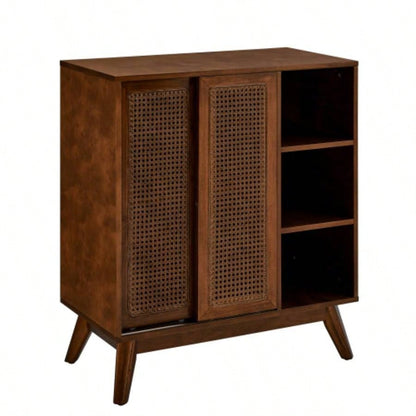 Mid Modern Rattan Sideboard Cabinet, Buffet Cabinet Entryway Hallway Living Room Kitchen Dining Room, Adjustable Shelf Solid Wood Feet Rattan Cabinet Doors - Dark Wood