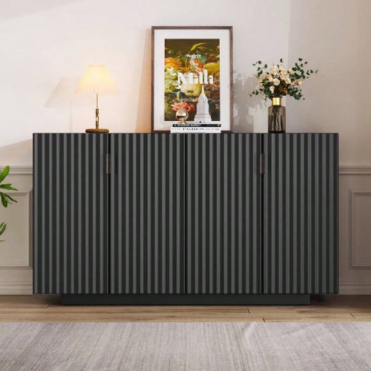 TREXM Buffet Cabinet with Storage, Sideboard Cabinet with Ample Storage Space, 4 Fluted Doors Credenza Storage Cabinet with Adjustable Shelves Dining Room and Living Room BLACK