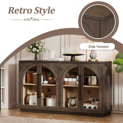 TREXM 4 - Door Large Storage Sideboard Buffet Cabinet with Glass Doors, Arched Cabinet with Adjustable Shelves Kitchen, Dining Room and Living Room Espresso