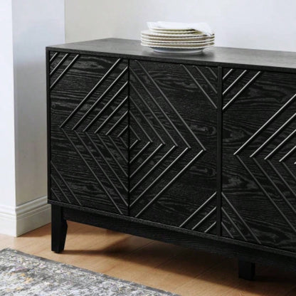 60.5 Buffet Cabinet with Storage, Farmhouse Fluted Sideboard with Geometric Pattern Adjustable Shelves, Mid Modern TV Stand Living Room Kitchen Dining Room Entryway, Black