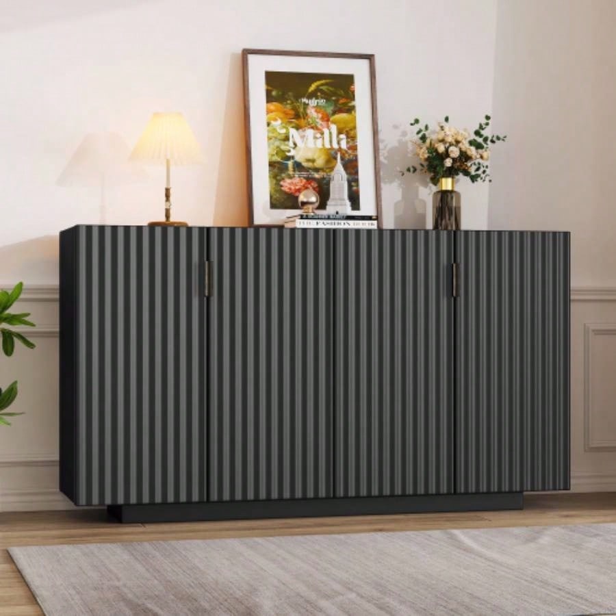TREXM Buffet Cabinet with Storage, Sideboard Cabinet with Ample Storage Space, 4 Fluted Doors Credenza Storage Cabinet with Adjustable Shelves Dining Room and Living Room BLACK