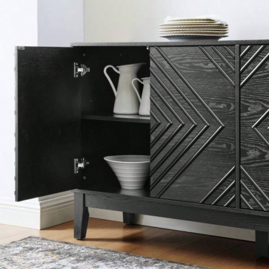 60.5 Buffet Cabinet with Storage, Farmhouse Fluted Sideboard with Geometric Pattern Adjustable Shelves, Mid Modern TV Stand Living Room Kitchen Dining Room Entryway, Black