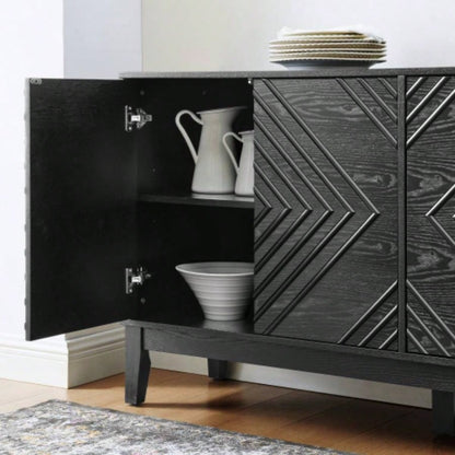 60.5 Buffet Cabinet with Storage, Farmhouse Fluted Sideboard with Geometric Pattern Adjustable Shelves, Mid Modern TV Stand Living Room Kitchen Dining Room Entryway, Black