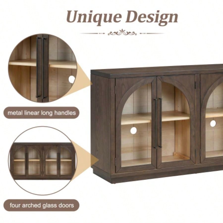 TREXM 4 - Door Large Storage Sideboard Buffet Cabinet with Glass Doors, Arched Cabinet with Adjustable Shelves Kitchen, Dining Room and Living Room Espresso
