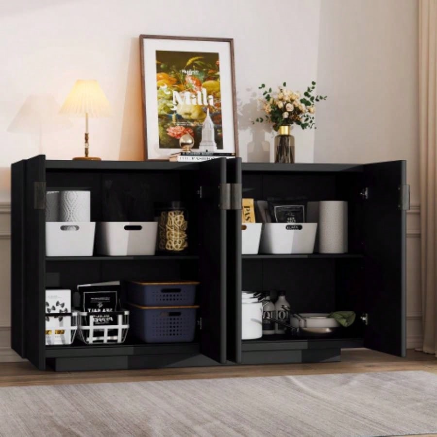 TREXM Buffet Cabinet with Storage, Sideboard Cabinet with Ample Storage Space, 4 Fluted Doors Credenza Storage Cabinet with Adjustable Shelves Dining Room and Living Room BLACK
