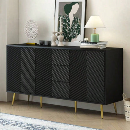USTYLE Modern Sideboard with Geometric Line Design, Conical Metal, and Central Drawers Stylish Storage, Suitable Study, Entryway and Living Room