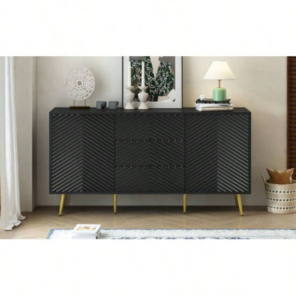 USTYLE Modern Sideboard with Geometric Line Design, Conical Metal, and Central Drawers Stylish Storage, Suitable Study, Entryway and Living Room