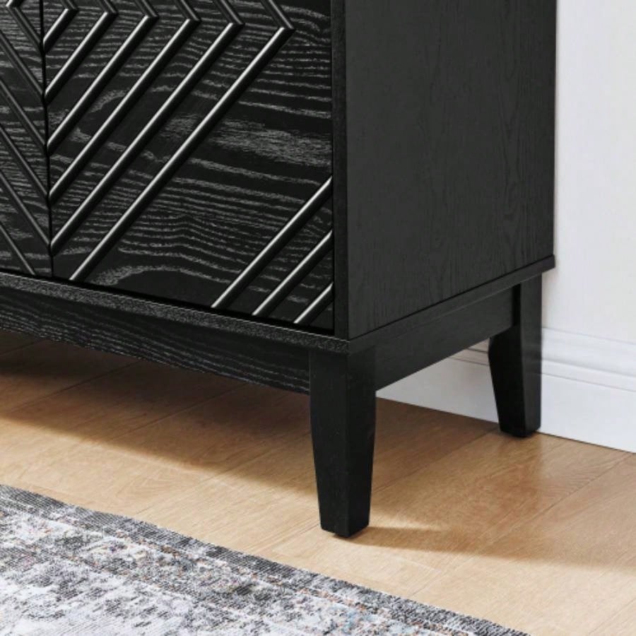 60.5 Buffet Cabinet with Storage, Farmhouse Fluted Sideboard with Geometric Pattern Adjustable Shelves, Mid Modern TV Stand Living Room Kitchen Dining Room Entryway, Black