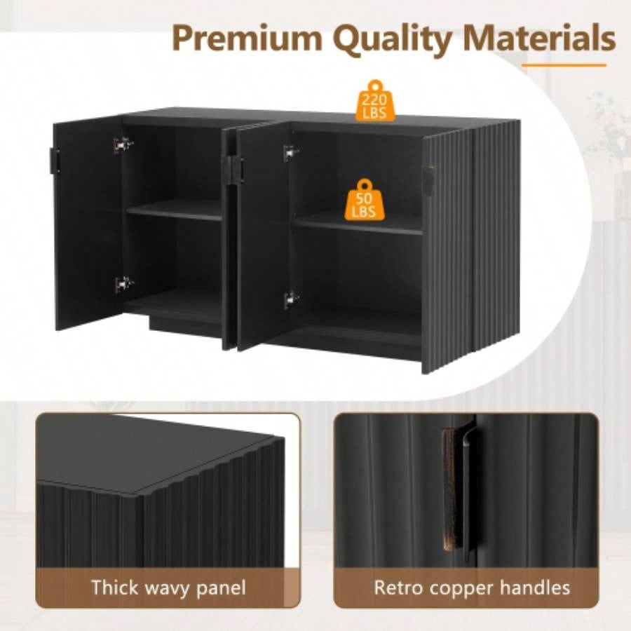 TREXM Buffet Cabinet with Storage, Sideboard Cabinet with Ample Storage Space, 4 Fluted Doors Credenza Storage Cabinet with Adjustable Shelves Dining Room and Living Room BLACK