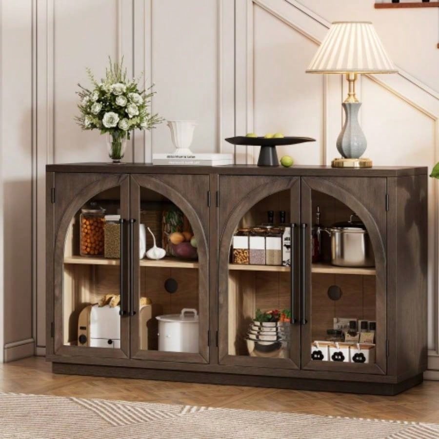 TREXM 4 - Door Large Storage Sideboard Buffet Cabinet with Glass Doors, Arched Cabinet with Adjustable Shelves Kitchen, Dining Room and Living Room Espresso