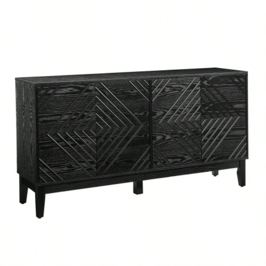 60.5 Buffet Cabinet with Storage, Farmhouse Fluted Sideboard with Geometric Pattern Adjustable Shelves, Mid Modern TV Stand Living Room Kitchen Dining Room Entryway, Black