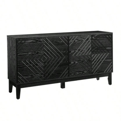 60.5 Buffet Cabinet with Storage, Farmhouse Fluted Sideboard with Geometric Pattern Adjustable Shelves, Mid Modern TV Stand Living Room Kitchen Dining Room Entryway, Black