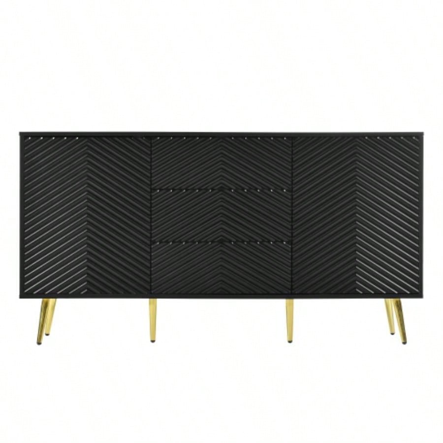 USTYLE Modern Sideboard with Geometric Line Design, Conical Metal, and Central Drawers Stylish Storage, Suitable Study, Entryway and Living Room