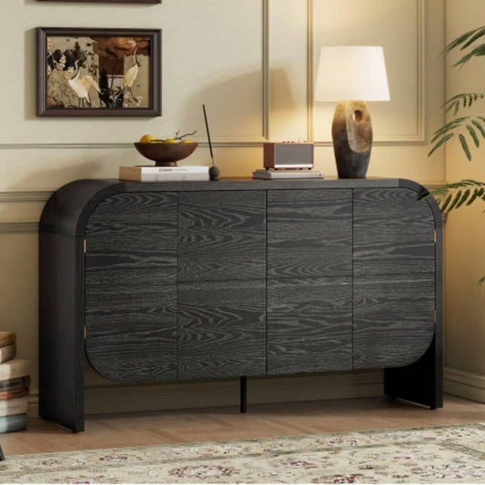 TREXM Buffet Cabinet with Storage, Wood Sideboard Cabinet with Curvy, 4 Doors Retro Credenza Storage Cabinet with Adjustable Shelves Living Room, Kitchen Black