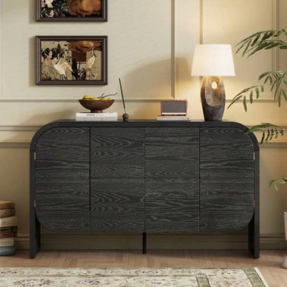 TREXM Buffet Cabinet with Storage, Wood Sideboard Cabinet with Curvy, 4 Doors Retro Credenza Storage Cabinet with Adjustable Shelves Living Room, Kitchen Black