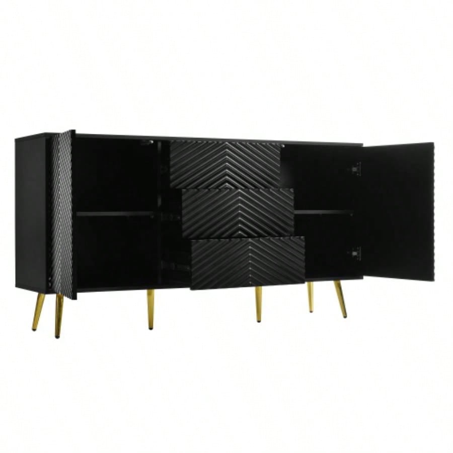 USTYLE Modern Sideboard with Geometric Line Design, Conical Metal, and Central Drawers Stylish Storage, Suitable Study, Entryway and Living Room
