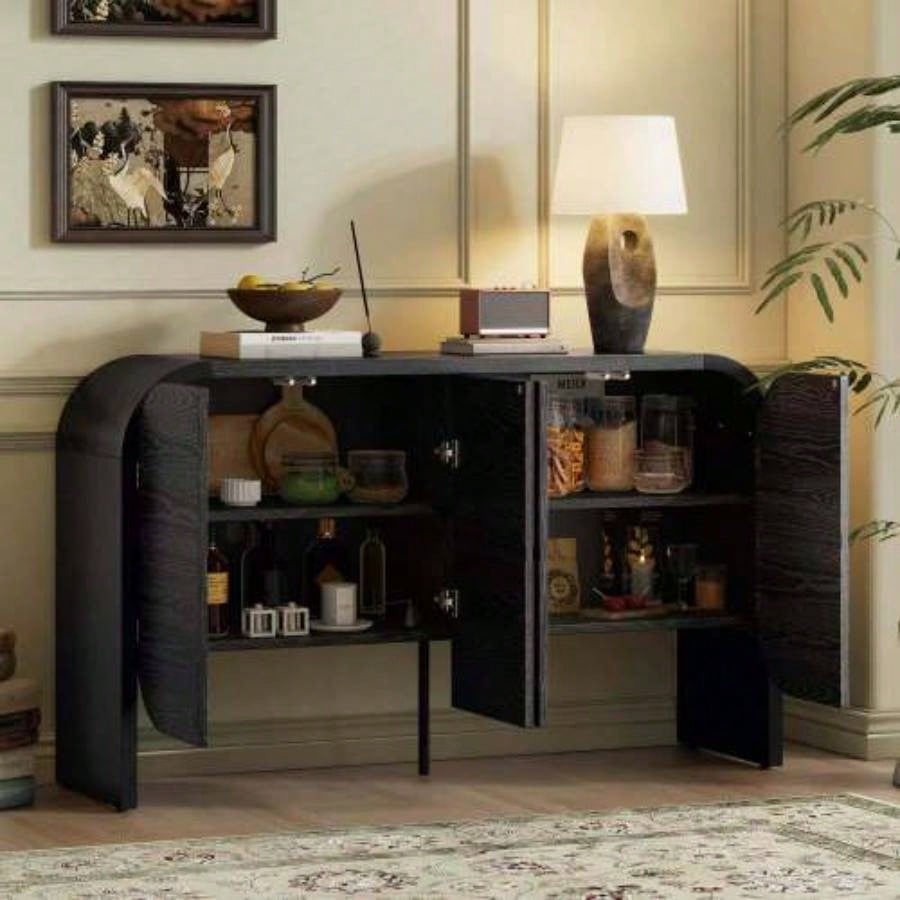 TREXM Buffet Cabinet with Storage, Wood Sideboard Cabinet with Curvy, 4 Doors Retro Credenza Storage Cabinet with Adjustable Shelves Living Room, Kitchen Black