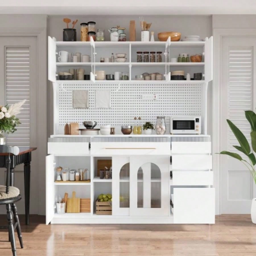 Assembly Video Offered TOPMAX Freestanding 63 Buffet with Hutch, Large Coffee Bar Storage Cabinet with 6 Drawers, 5 Cabinets with Adjustable Shelves, Pegboard, Towel Rack, Power Outlet, White