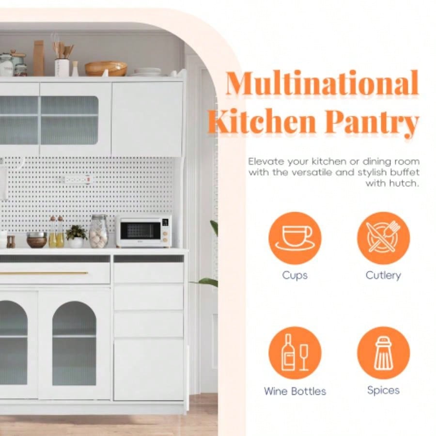 Assembly Video Offered TOPMAX Freestanding 63 Buffet with Hutch, Large Coffee Bar Storage Cabinet with 6 Drawers, 5 Cabinets with Adjustable Shelves, Pegboard, Towel Rack, Power Outlet, White