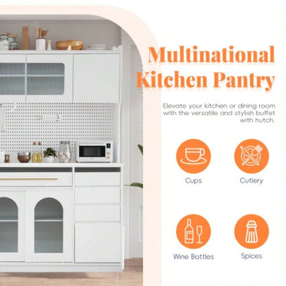 Assembly Video Offered TOPMAX Freestanding 63 Buffet with Hutch, Large Coffee Bar Storage Cabinet with 6 Drawers, 5 Cabinets with Adjustable Shelves, Pegboard, Towel Rack, Power Outlet, White