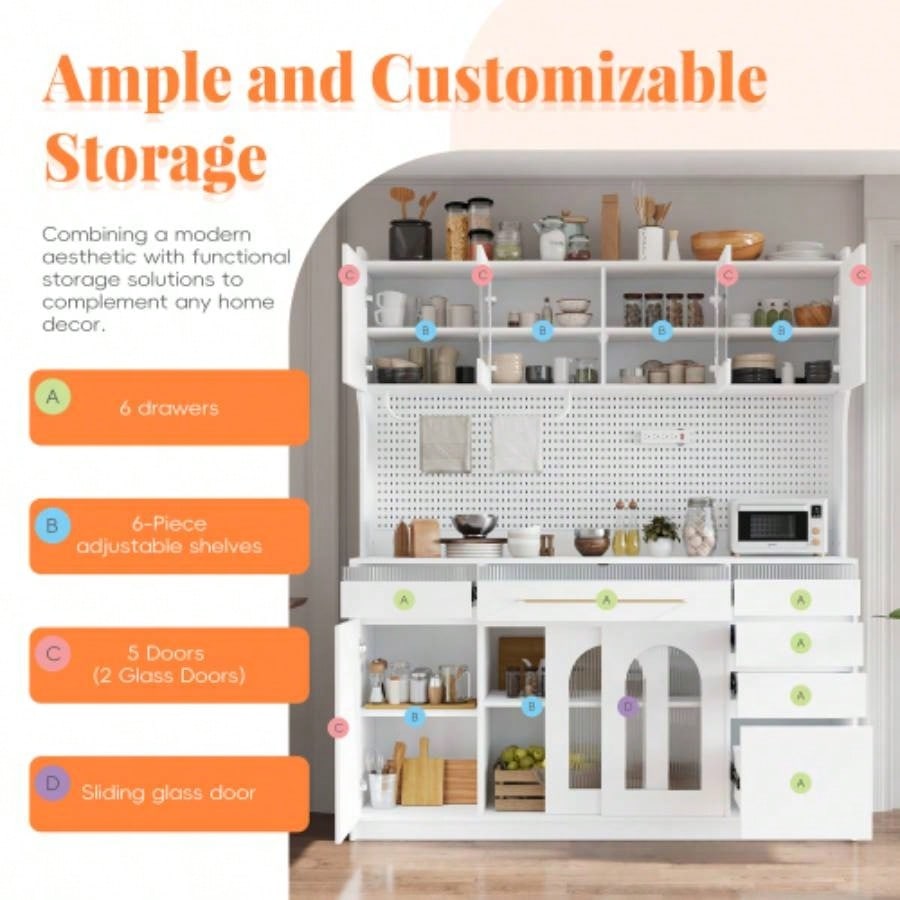 Assembly Video Offered TOPMAX Freestanding 63 Buffet with Hutch, Large Coffee Bar Storage Cabinet with 6 Drawers, 5 Cabinets with Adjustable Shelves, Pegboard, Towel Rack, Power Outlet, White