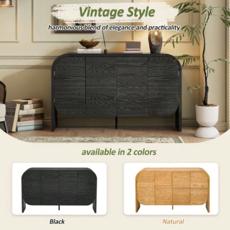TREXM Buffet Cabinet with Storage, Wood Sideboard Cabinet with Curvy, 4 Doors Retro Credenza Storage Cabinet with Adjustable Shelves Living Room, Kitchen Black