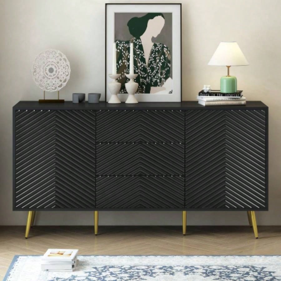 USTYLE Modern Sideboard with Geometric Line Design, Conical Metal, and Central Drawers Stylish Storage, Suitable Study, Entryway and Living Room