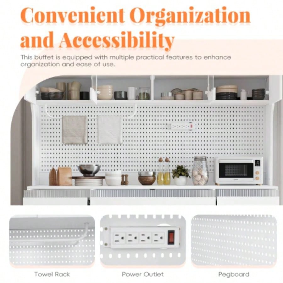 Assembly Video Offered TOPMAX Freestanding 63 Buffet with Hutch, Large Coffee Bar Storage Cabinet with 6 Drawers, 5 Cabinets with Adjustable Shelves, Pegboard, Towel Rack, Power Outlet, White