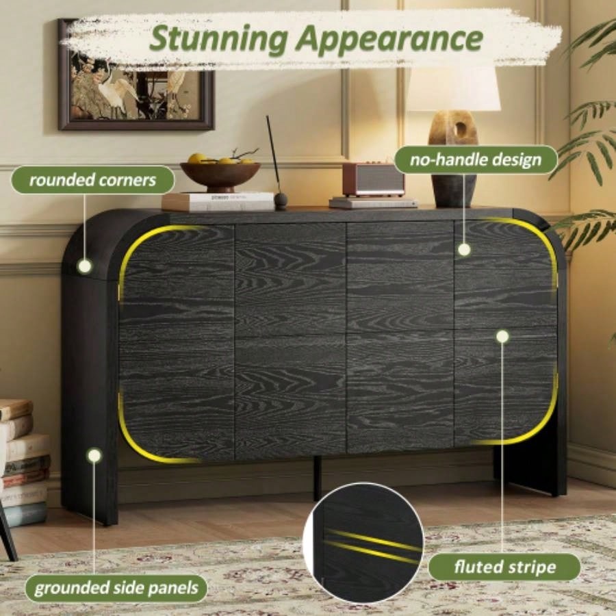 TREXM Buffet Cabinet with Storage, Wood Sideboard Cabinet with Curvy, 4 Doors Retro Credenza Storage Cabinet with Adjustable Shelves Living Room, Kitchen Black