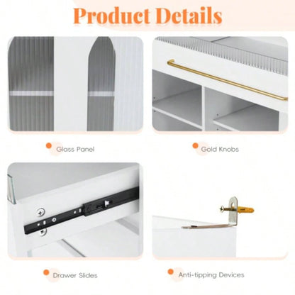 Assembly Video Offered TOPMAX Freestanding 63 Buffet with Hutch, Large Coffee Bar Storage Cabinet with 6 Drawers, 5 Cabinets with Adjustable Shelves, Pegboard, Towel Rack, Power Outlet, White