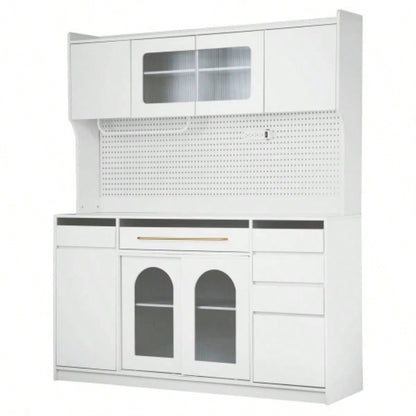 Assembly Video Offered TOPMAX Freestanding 63 Buffet with Hutch, Large Coffee Bar Storage Cabinet with 6 Drawers, 5 Cabinets with Adjustable Shelves, Pegboard, Towel Rack, Power Outlet, White