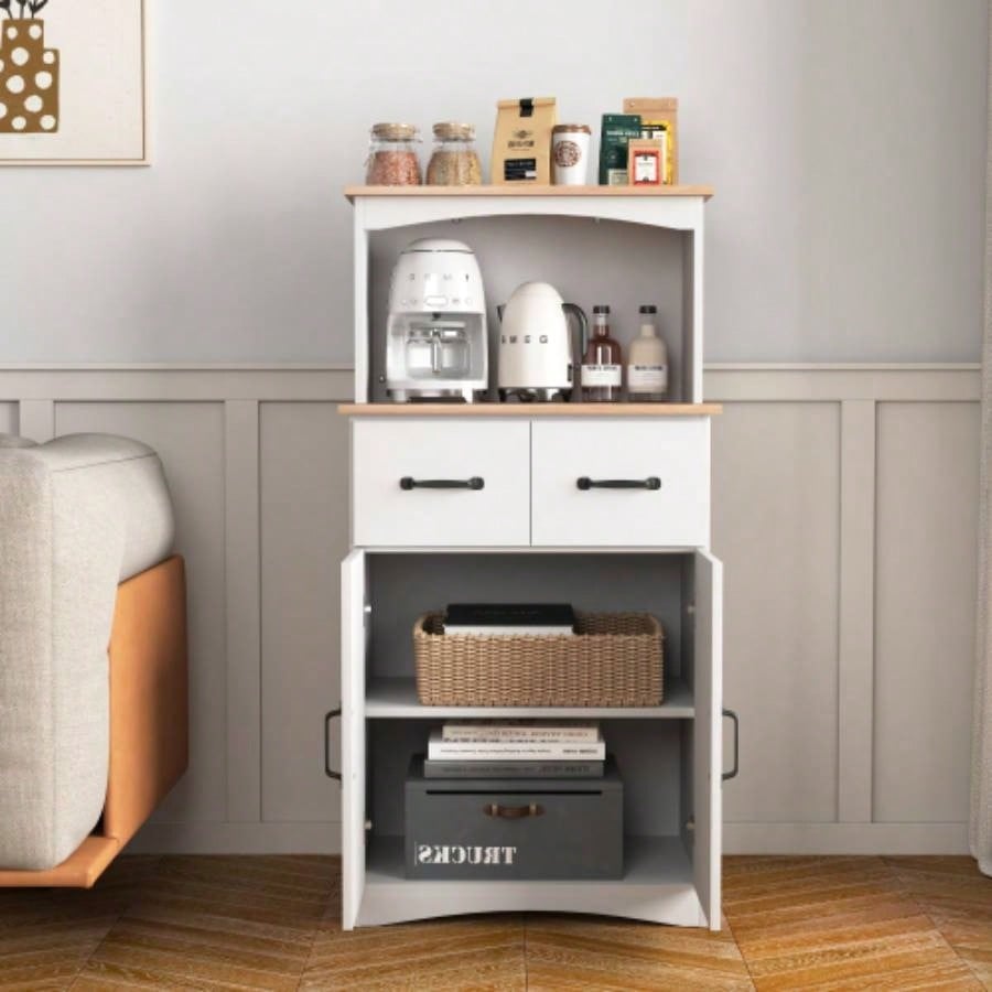 Wooden Kitchen Cabinet White Pantry Storage Microwave Cabinet with Storage Drawer