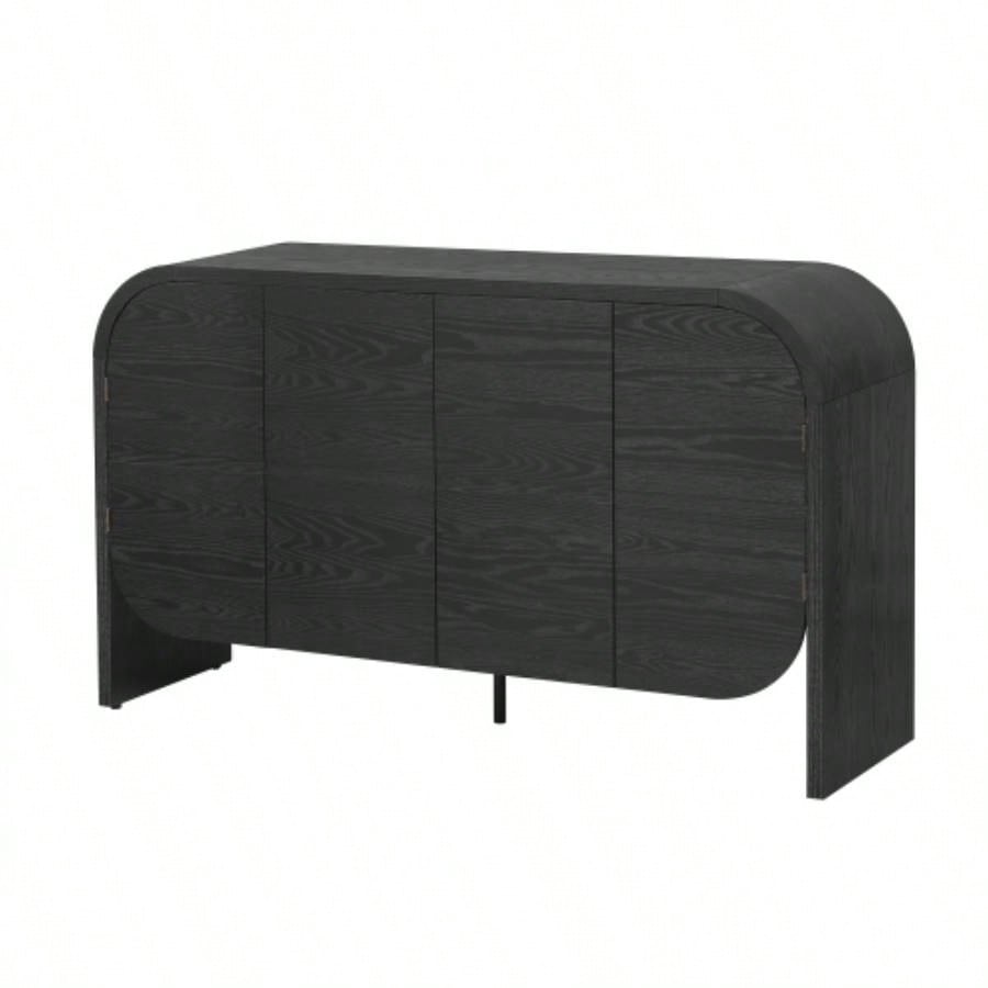 TREXM Buffet Cabinet with Storage, Wood Sideboard Cabinet with Curvy, 4 Doors Retro Credenza Storage Cabinet with Adjustable Shelves Living Room, Kitchen Black
